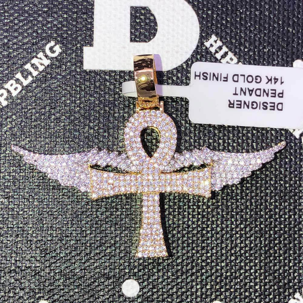 Ankh Cross with Wings CZ Hip Hop Bling Bling Pendant Yellow Gold HipHopBling