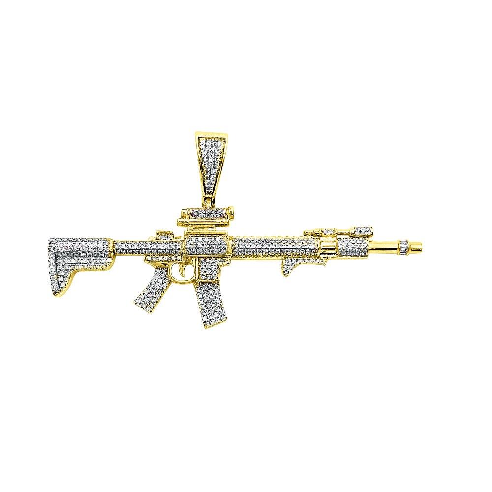 AR - 15 Rifle with Scope Diamond Pendant .90cttw 10K Yellow Gold HipHopBling