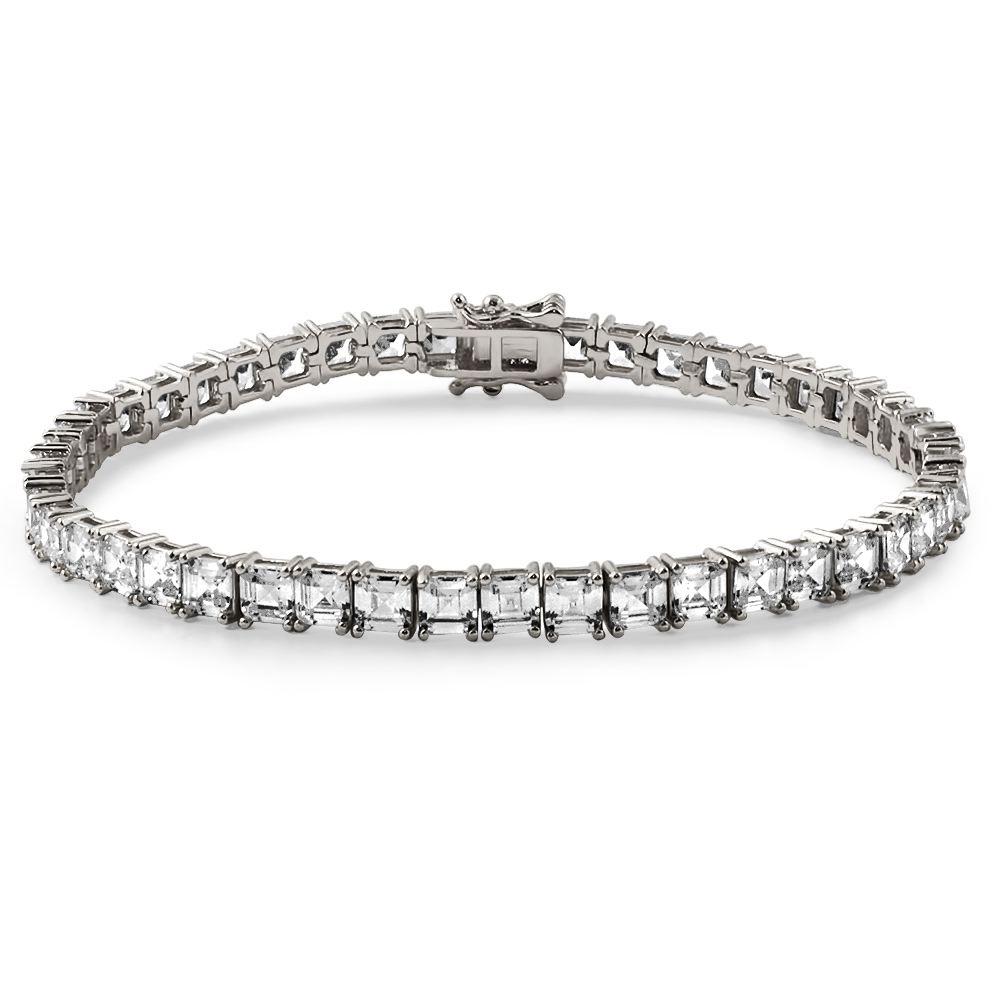 Asscher Cut CZ Tennis Bracelet Prong Set White Gold 7" HipHopBling