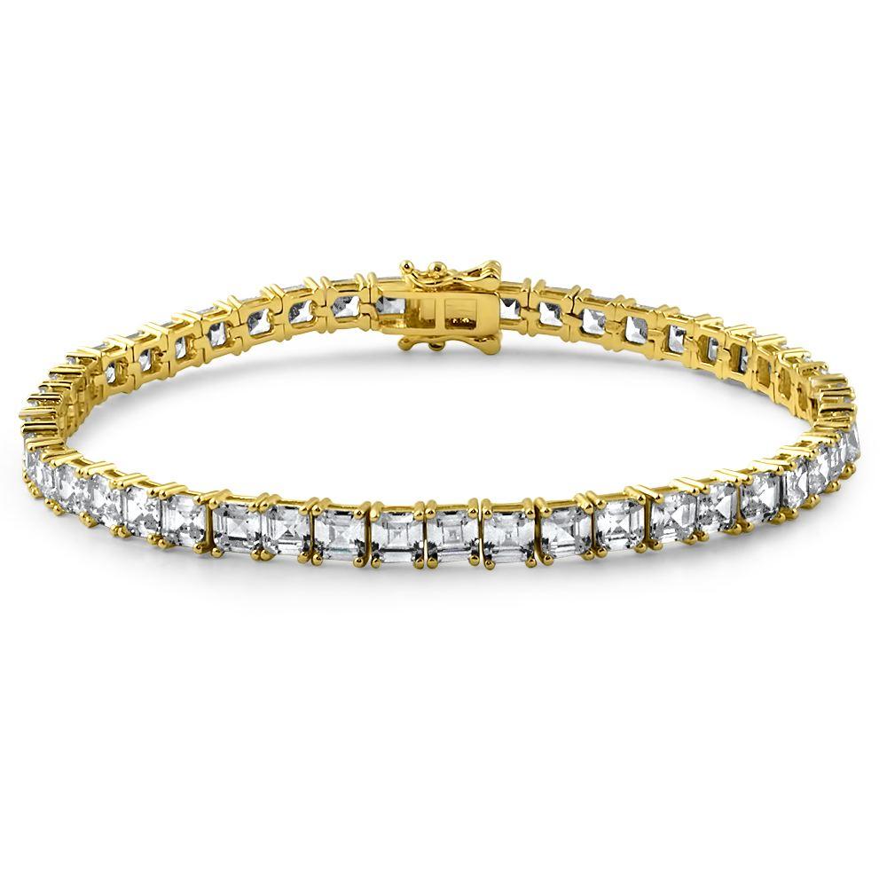Asscher Cut CZ Tennis Bracelet Prong Set Yellow Gold 8" HipHopBling