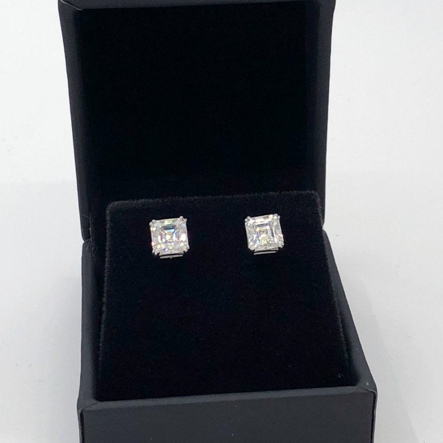 Asscher Cut Moissanite VVS D Stud Earrings .925 Sterling Silver White Gold 5MM (1.20 Carats) HipHopBling