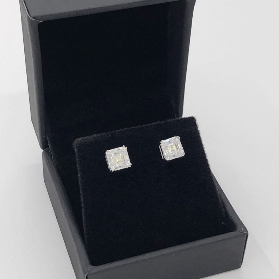 Asscher Cut Moissanite VVS D Stud Earrings .925 Sterling Silver White Gold 5MM (1.20 Carats) HipHopBling