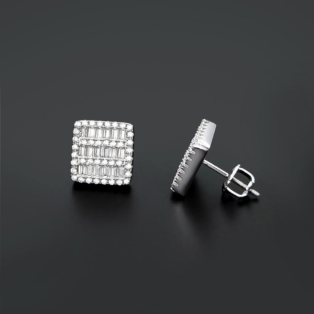 Baguette 3 Row Box CZ Iced Out Earrings .925 Silver White Gold HipHopBling