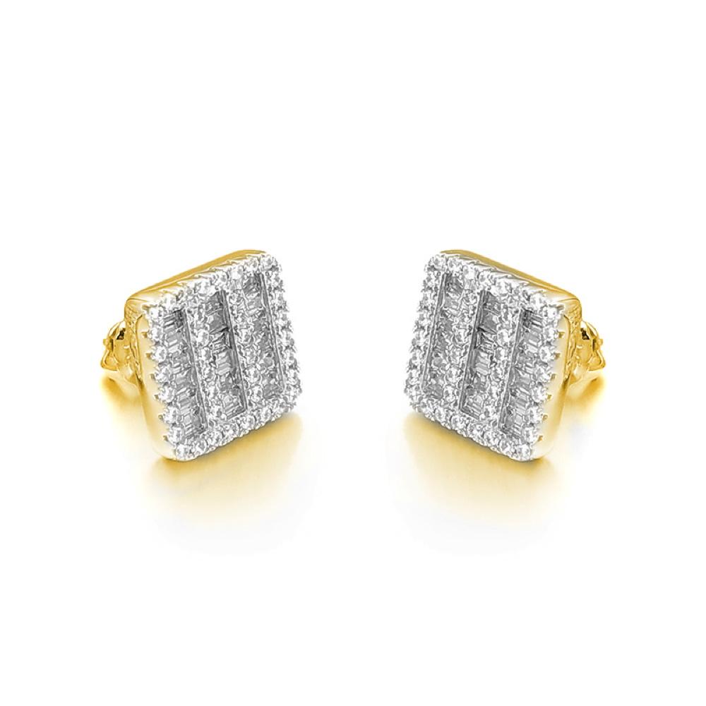 Baguette 3 Row Box CZ Iced Out Earrings .925 Silver Yellow Gold HipHopBling