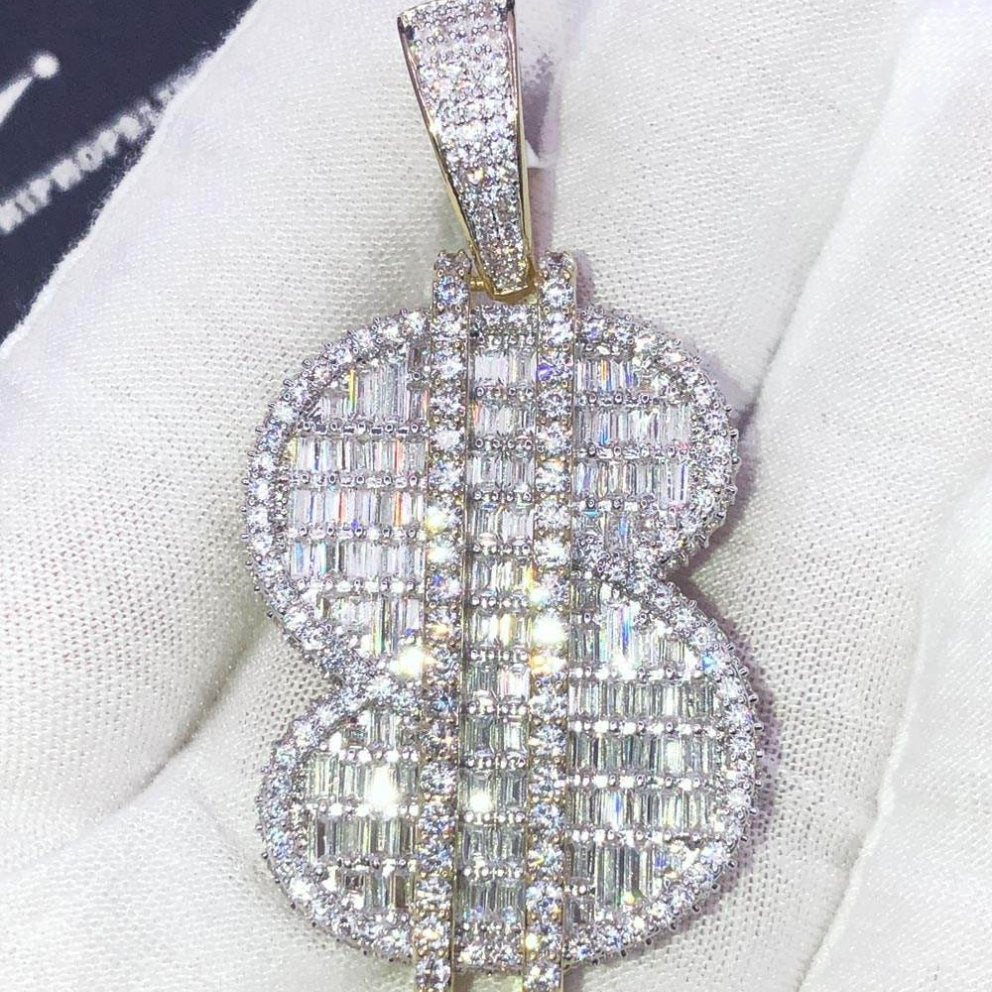 Baguette 3D $ Dollar Sign Money CZ Hip Hop Bling Bling Pendant Yellow Gold HipHopBling