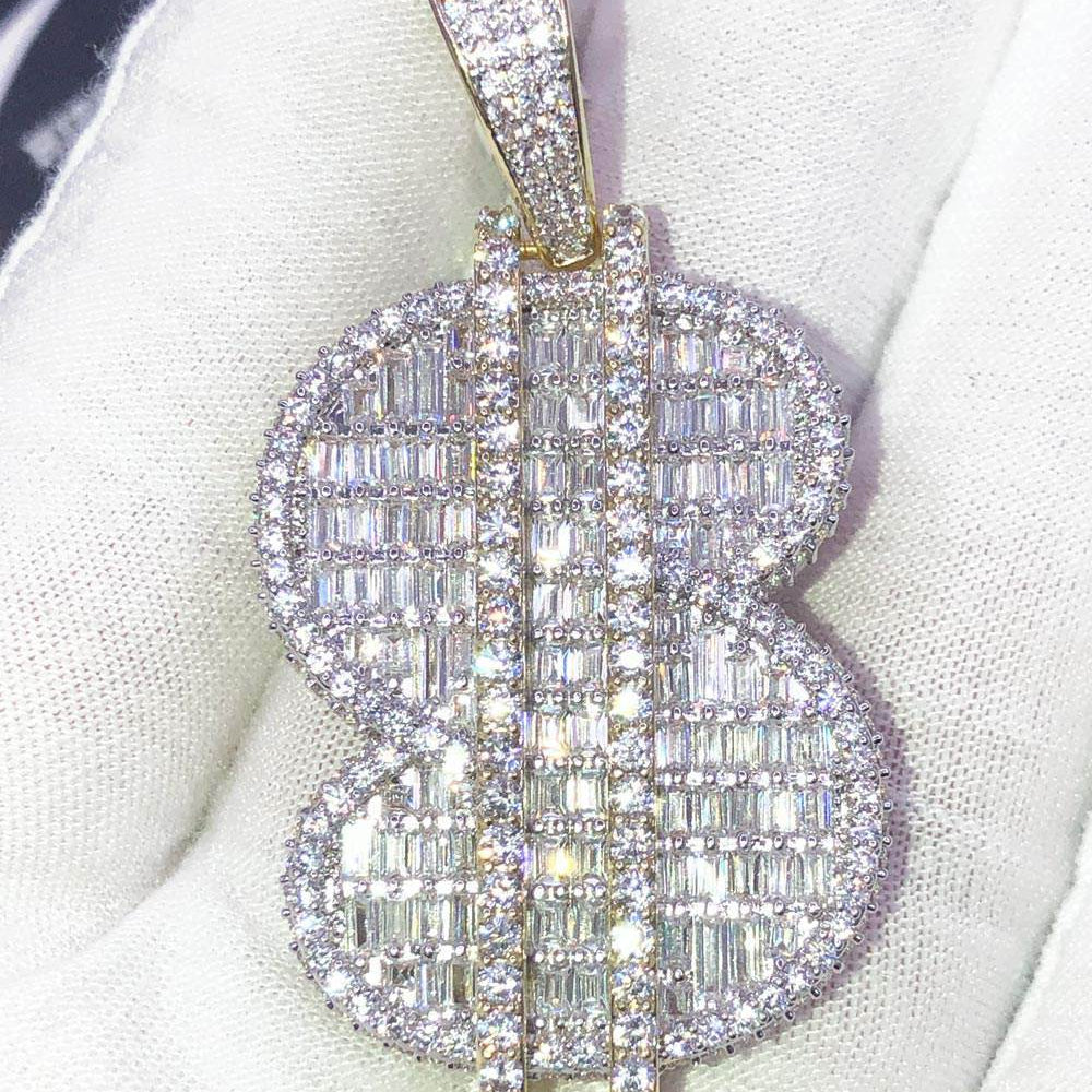 Baguette 3D $ Dollar Sign Money CZ Hip Hop Bling Bling Pendant Yellow Gold HipHopBling