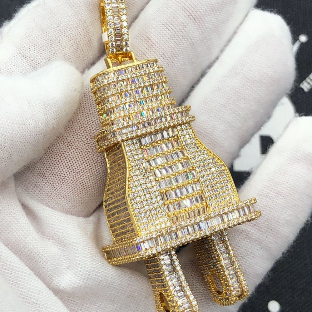 Baguette 3D PLUG CZ Hip Hop Iced Out Pendant Yellow Gold HipHopBling