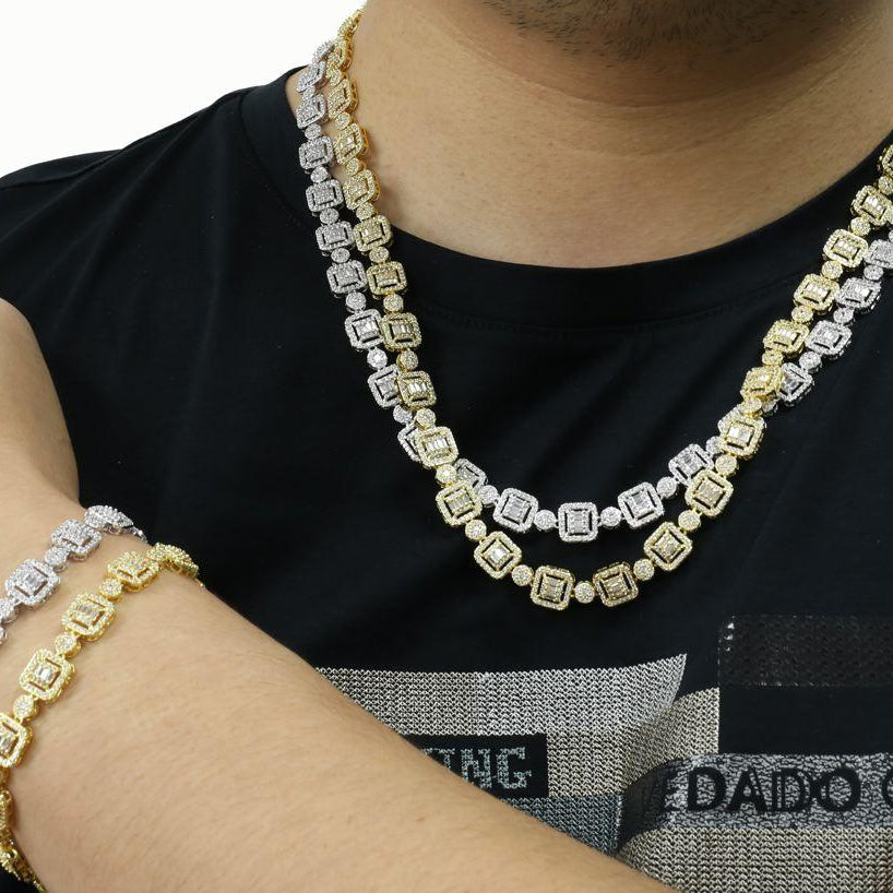 Baguette and Cluster Link CZ Iced Bling Chain White Gold 20" HipHopBling