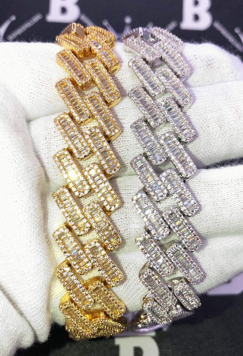 Baguette Bar Cuban CZ Hip Hop Bling Bling Chain Yellow Gold 18" HipHopBling