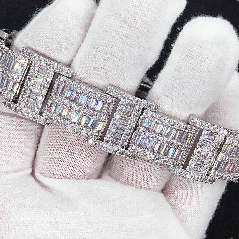 Baguette Bar Link Custom VVS Iced Out Hip Hop Bracelet White Gold 7" HipHopBling