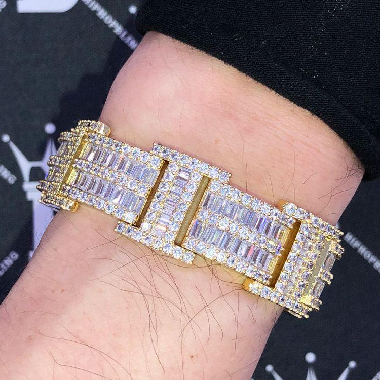 Baguette Bar Link Custom VVS Iced Out Hip Hop Bracelet Yellow Gold 7" HipHopBling