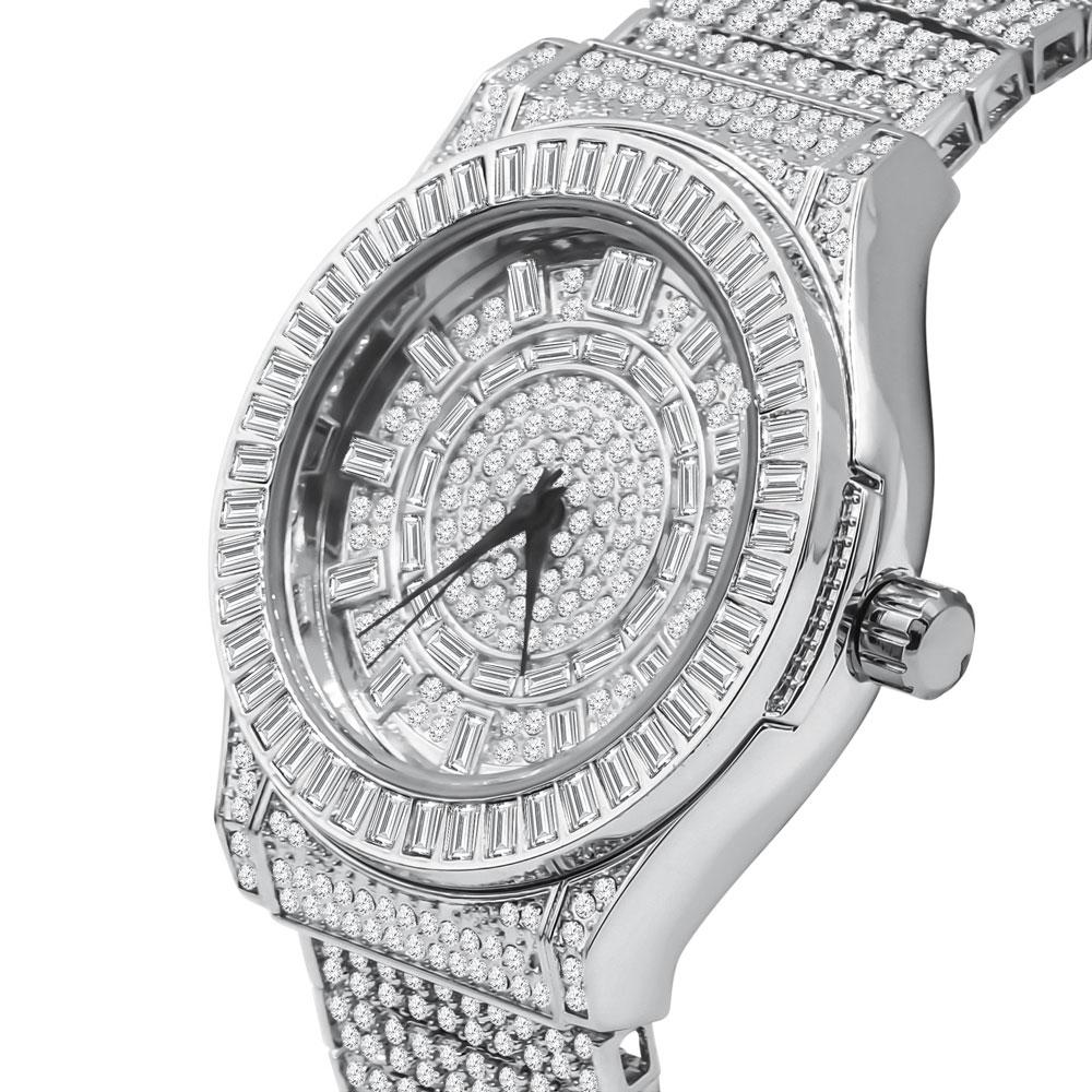 Baguette Bezel 10 Row CZ Band Iced Out Watch White Gold HipHopBling