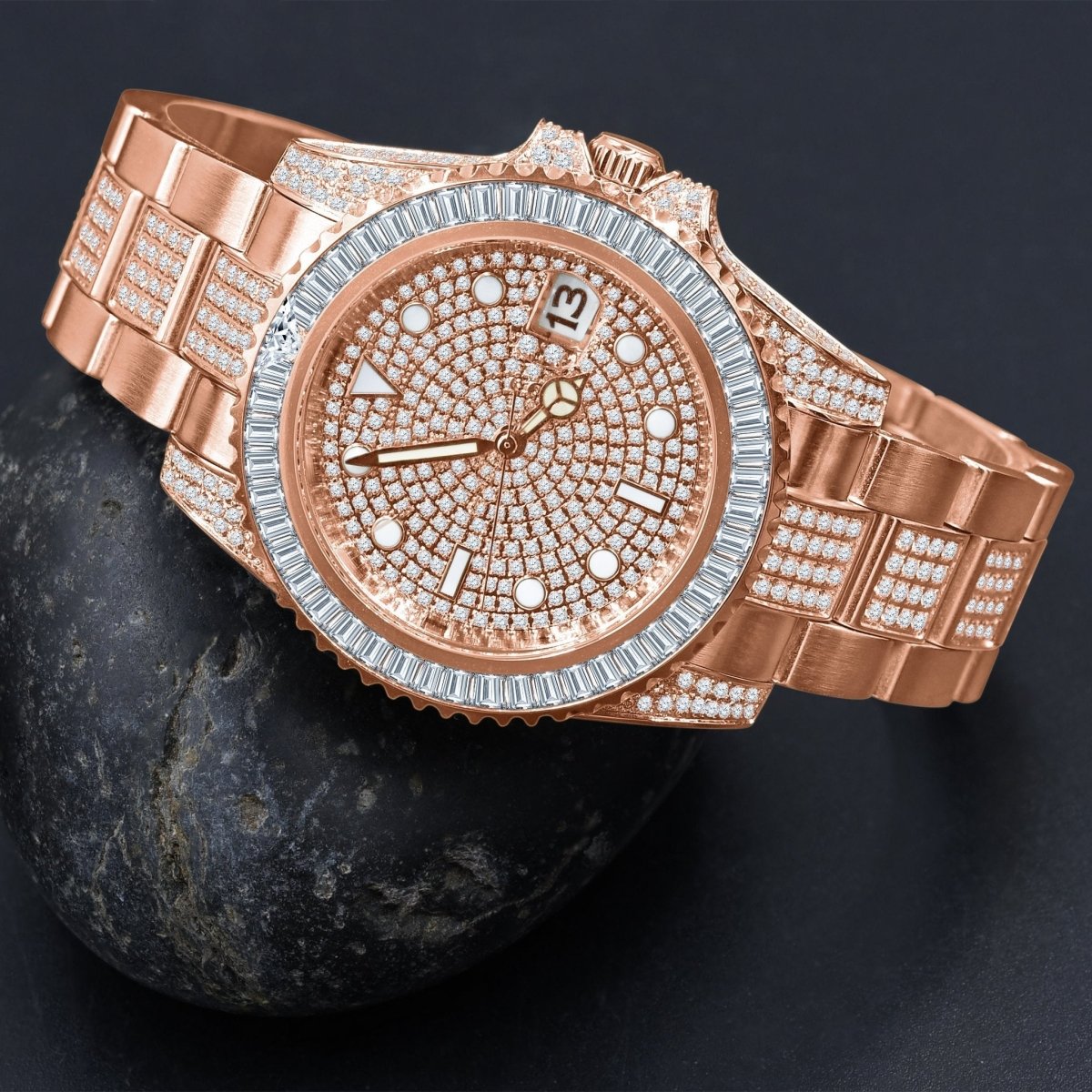 Baguette Bezel CZ Mid Link Date Hip Hop Watch Yellow Gold HipHopBling