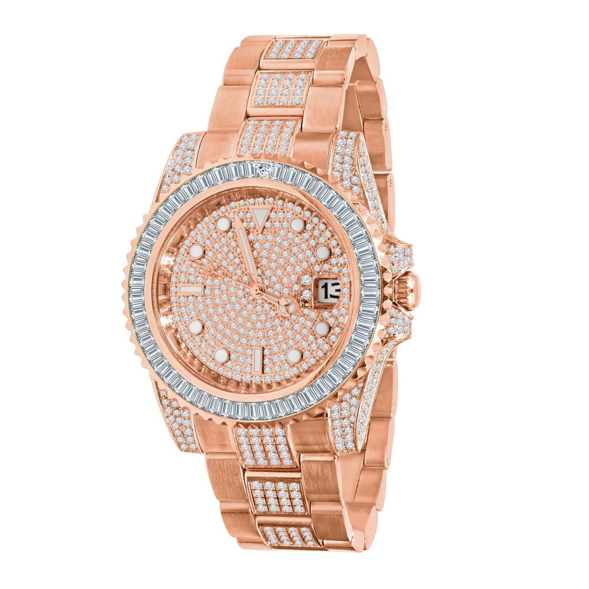 Baguette Bezel CZ Mid Link Date Hip Hop Watch Yellow Gold HipHopBling