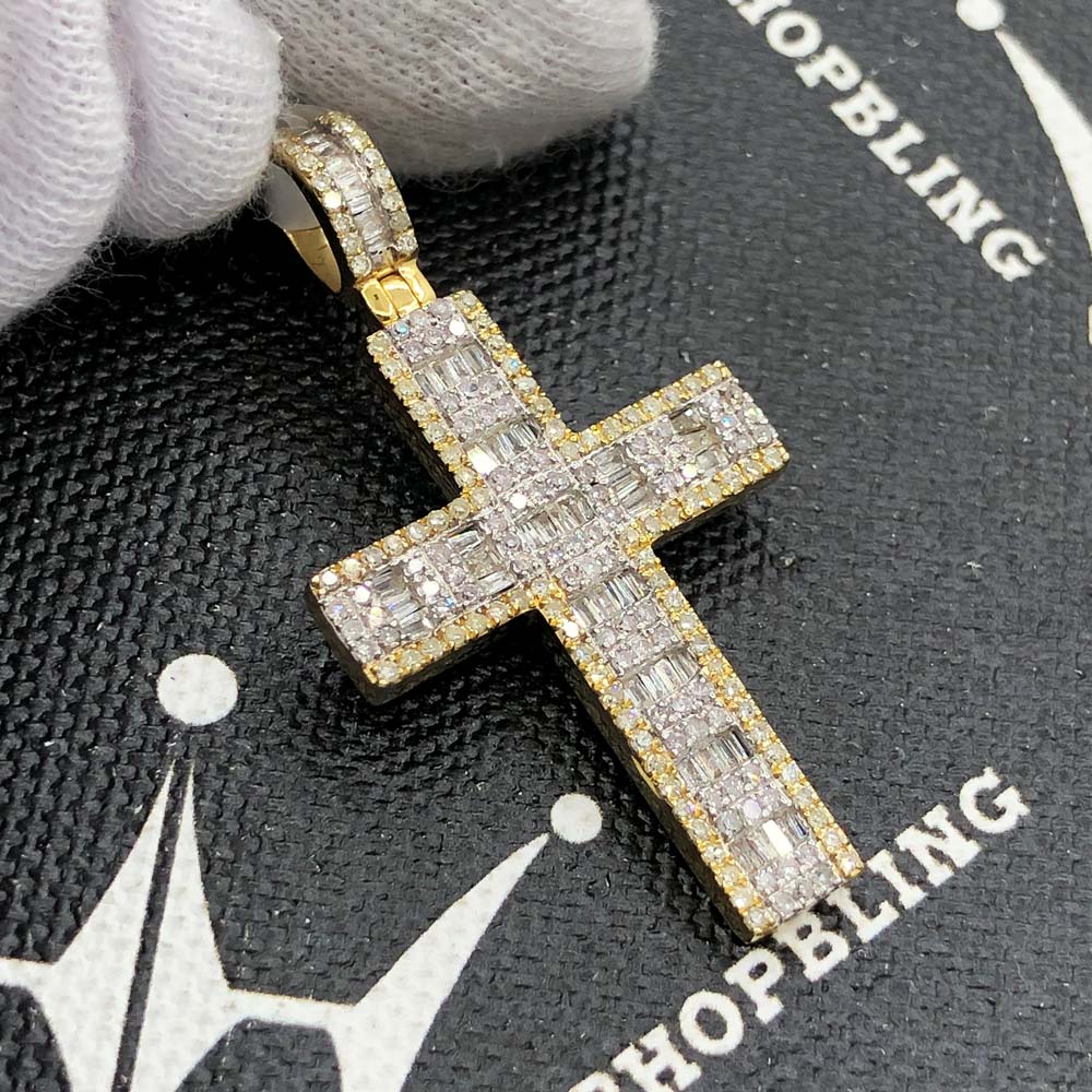 Baguette Block Cross Diamond Pendant 1.05cttw 10K Yellow Gold HipHopBling