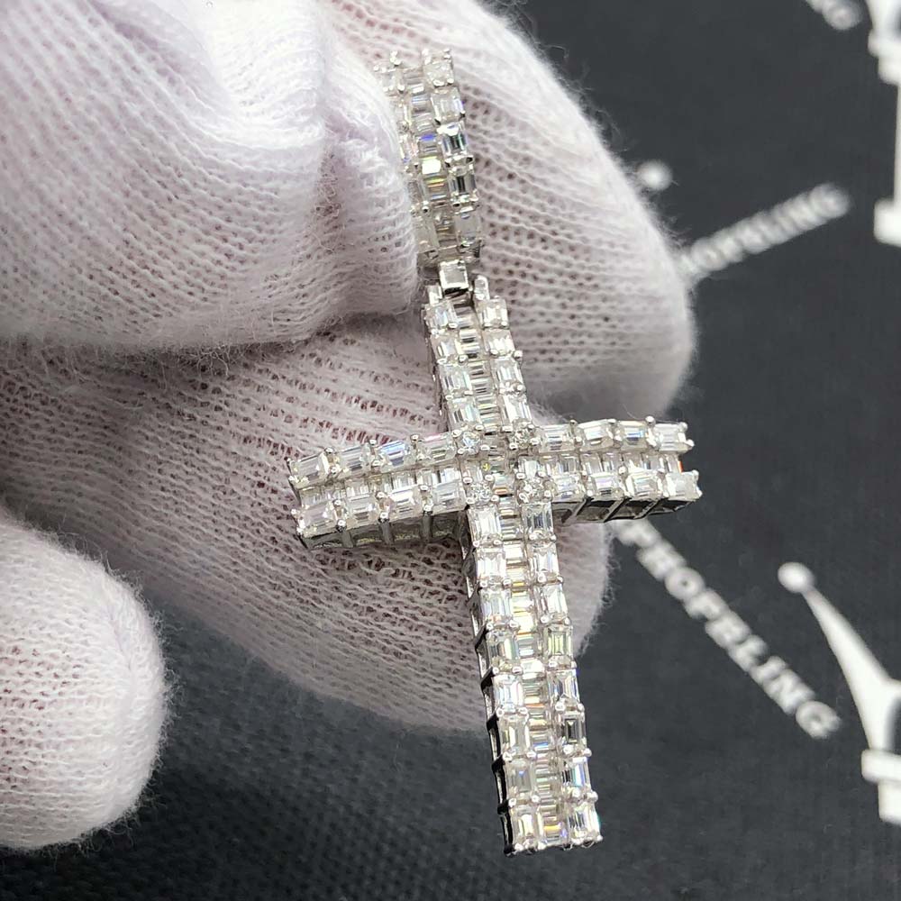 Baguette Chunky Cross VVS Moissanite Pendant 2.41cttw .925 Sterling Silver HipHopBling