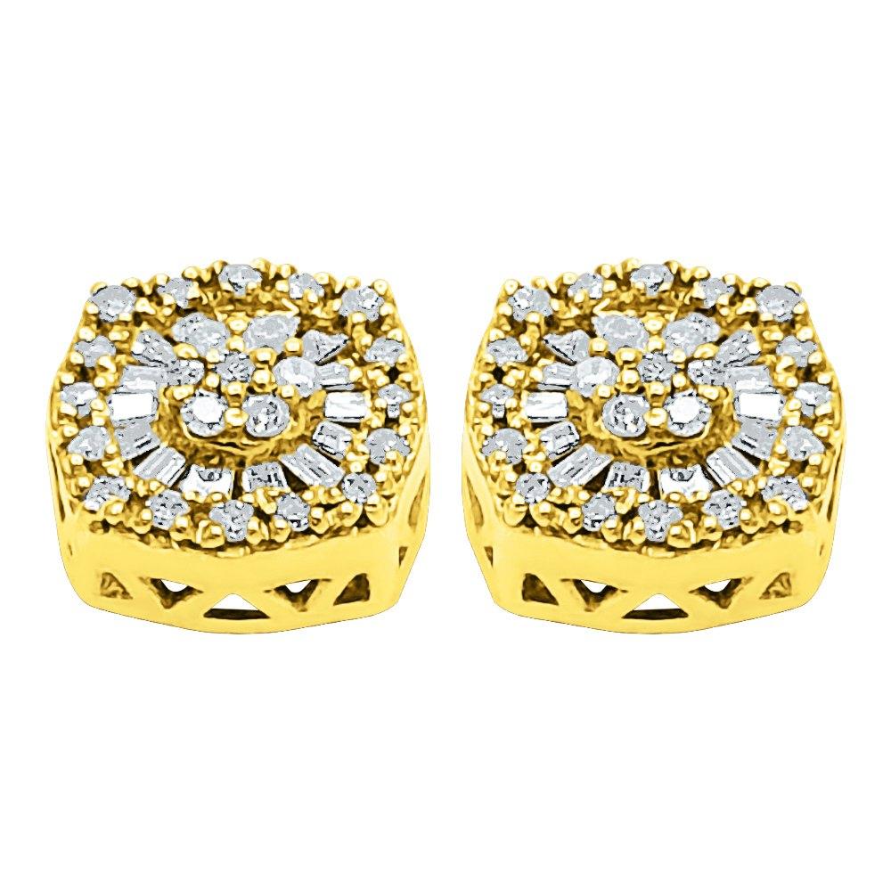 Baguette Circle Cushion Diamond Earrings .38cttw 10K Yellow Gold HipHopBling
