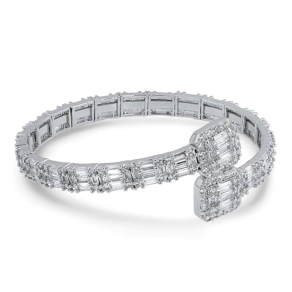 Baguette Cluster Bangle CZ Iced Out Hip Hop Bracelet White Gold 8" HipHopBling