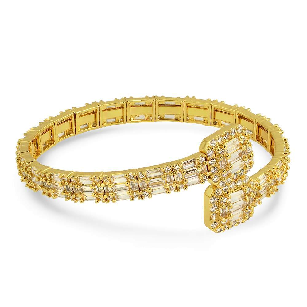 Baguette Cluster Bangle CZ Iced Out Hip Hop Bracelet Yellow Gold 8" HipHopBling