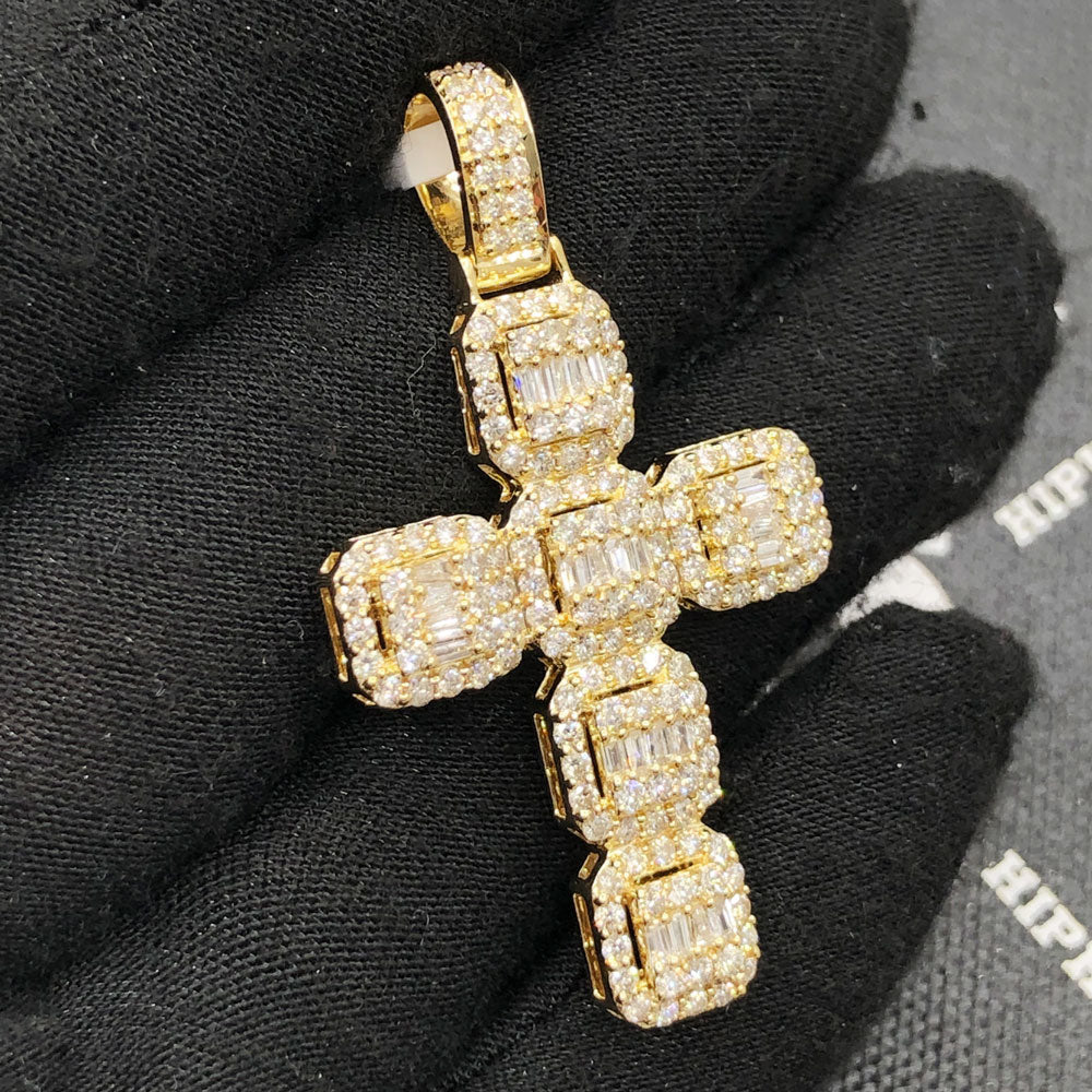 Baguette Cluster Cushion Cross 2.82cttw Diamond Pendant 10K Yellow Gold HipHopBling