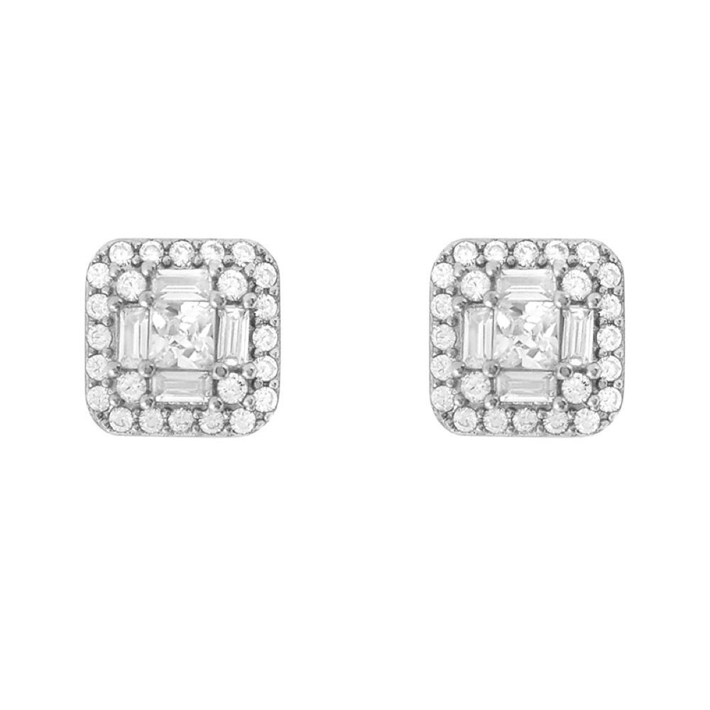Baguette Cluster CZ Iced Out Earrings .925 Silver White Gold HipHopBling