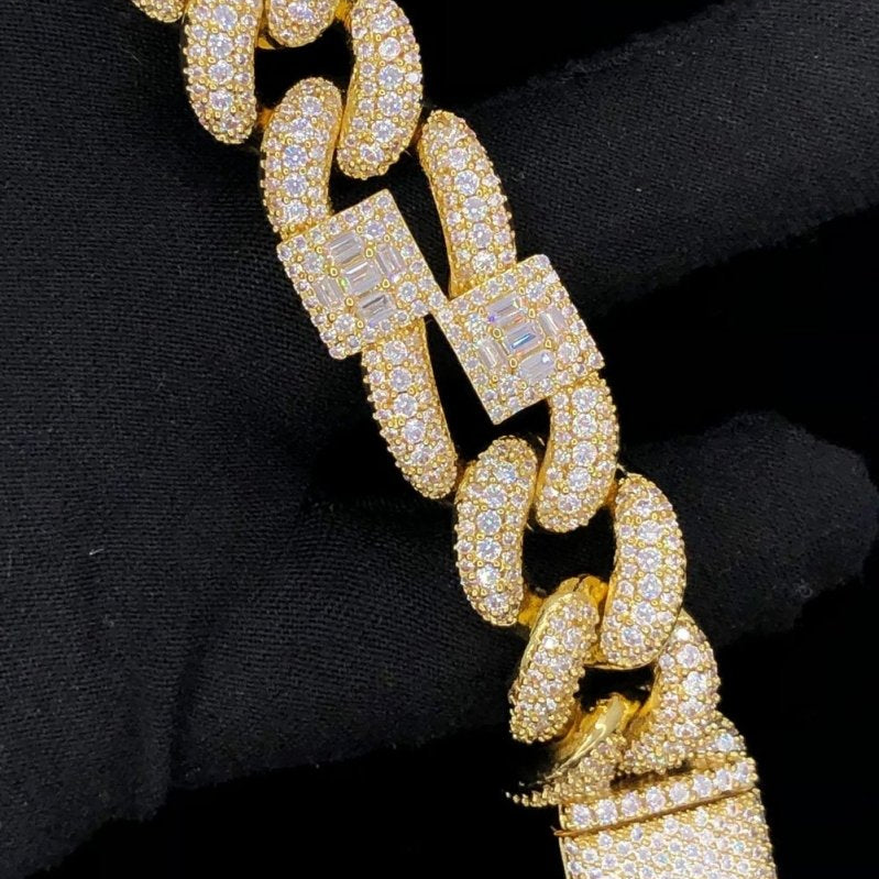 Baguette Cluster & Pave Cuban CZ Iced Out Hip Hop Bracelet Yellow Gold 8" HipHopBling