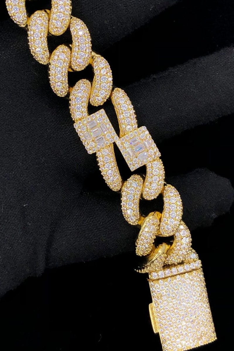 Baguette Cluster & Pave Cuban CZ Iced Out Hip Hop Bracelet Yellow Gold 8" HipHopBling