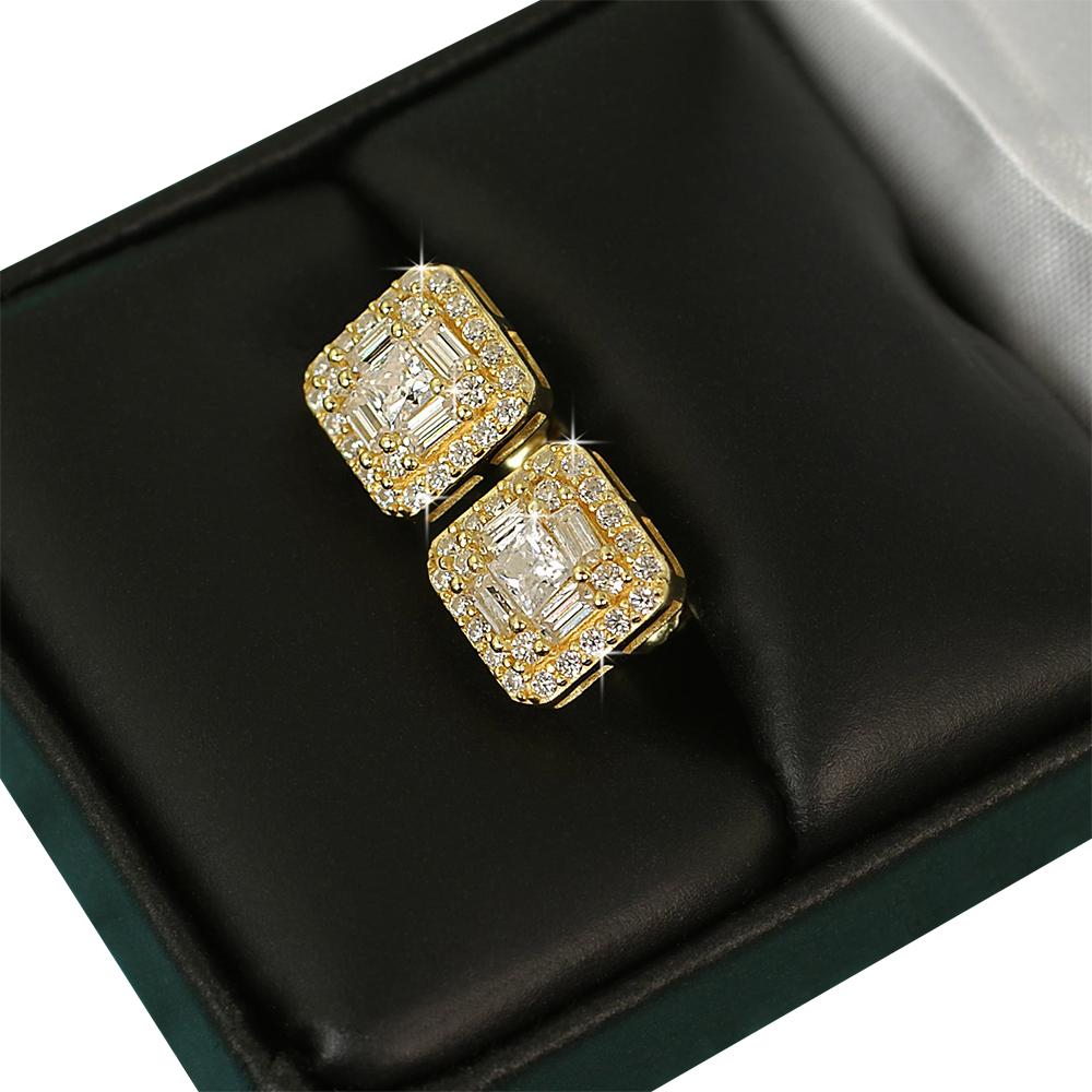 Baguette Cluster VVS Moissanite Earrings .925 Sterling Silver Yellow Gold HipHopBling