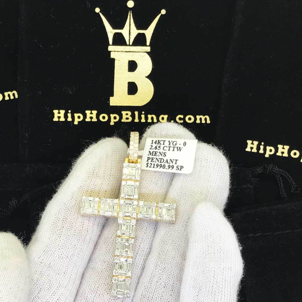 Baguette Cross 2.65 Carats Diamond 14K Yellow Gold Solid Back HipHopBling