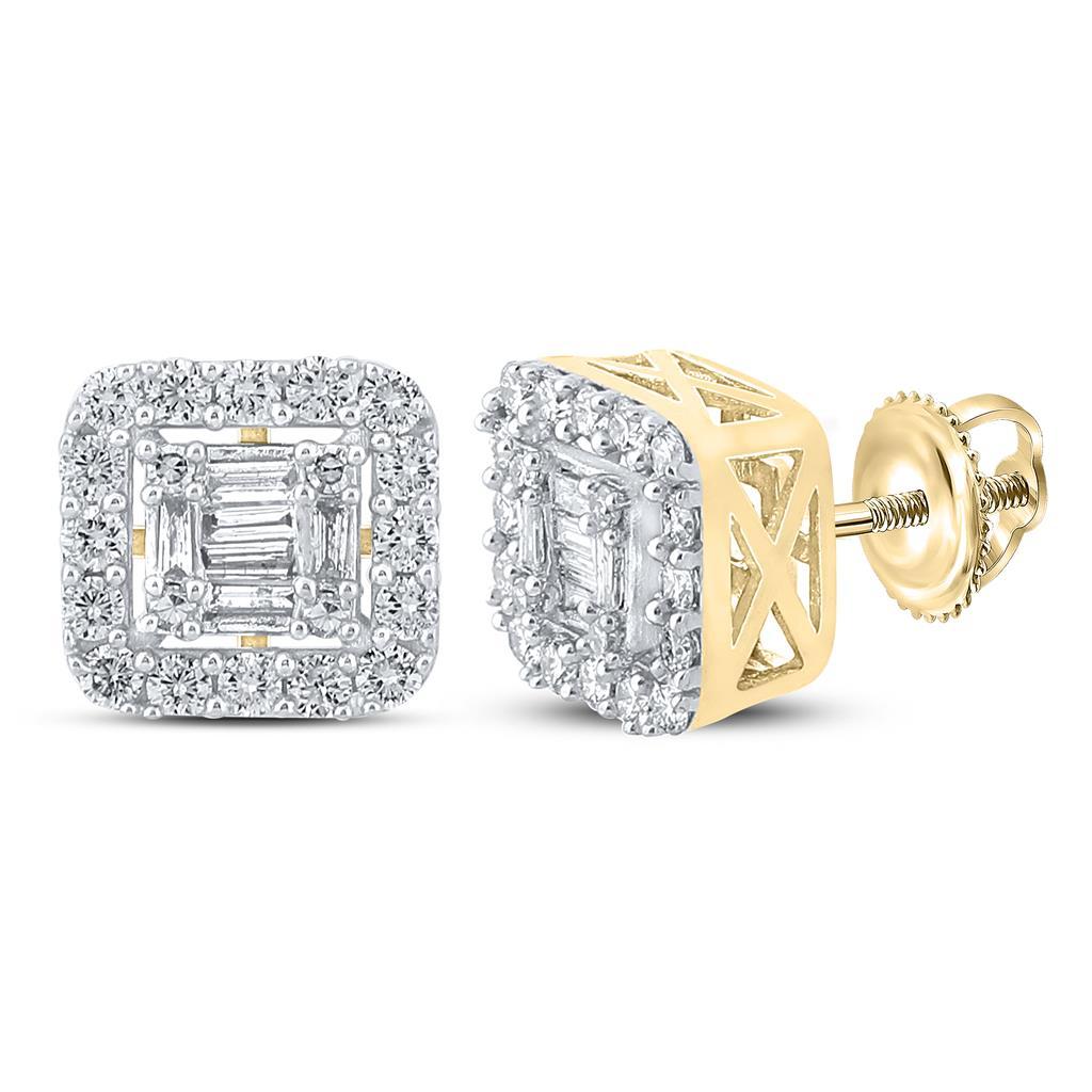 Baguette Cushion Cluster Diamond Earrings .63cttw 10K Yellow Gold HipHopBling