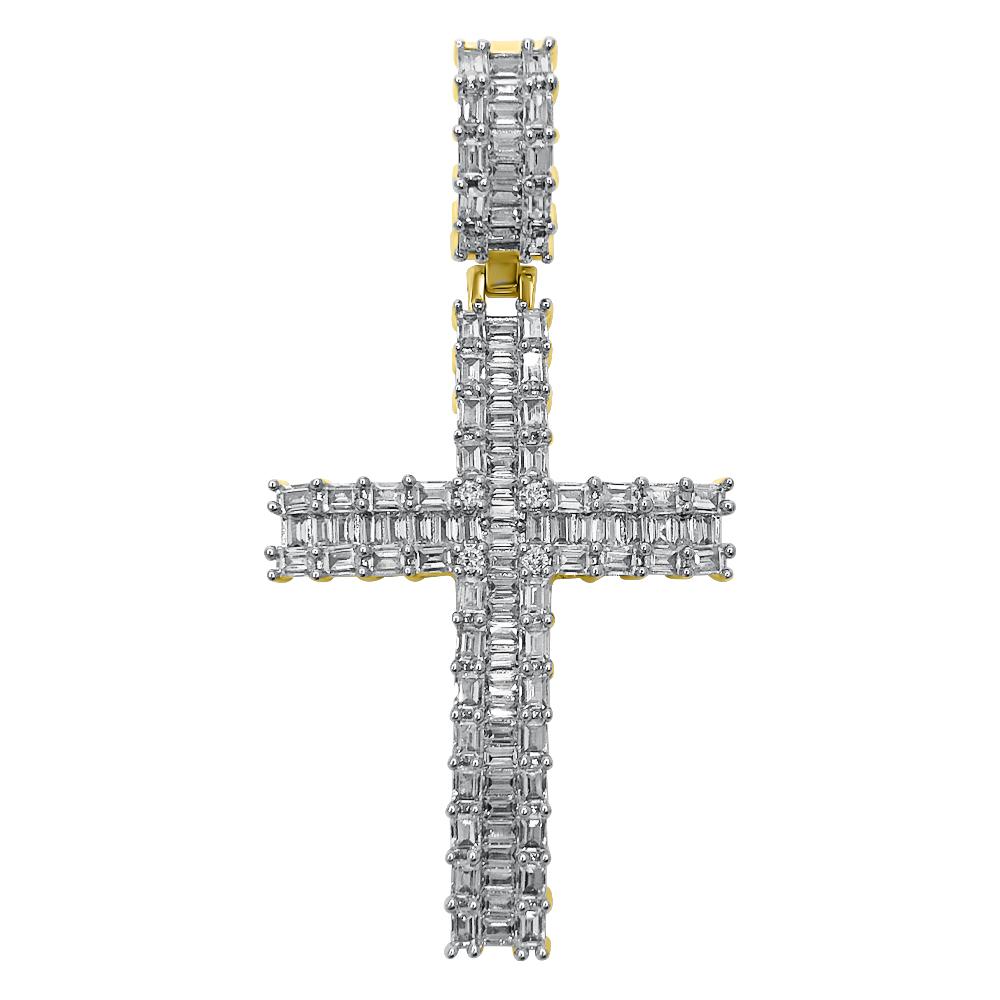 Baguette Domed Cross VVS CZ Hip Hop Iced Out Pendant Yellow Gold HipHopBling