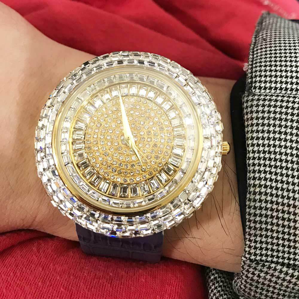 Baguette Ice Orbit Gold Bling Bling Watch Blue HipHopBling