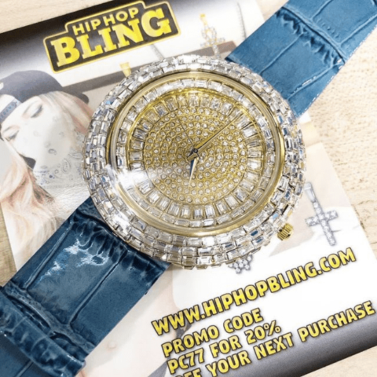 Baguette Ice Orbit Gold Bling Bling Watch Blue HipHopBling