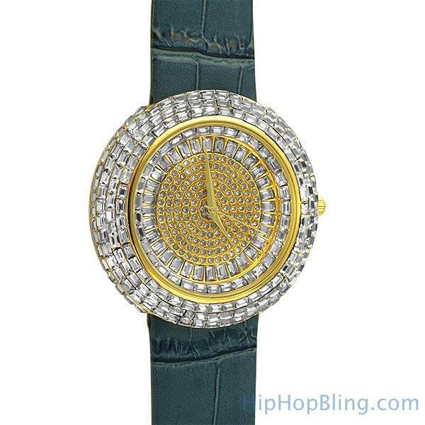 Baguette Ice Orbit Gold Bling Bling Watch Blue HipHopBling
