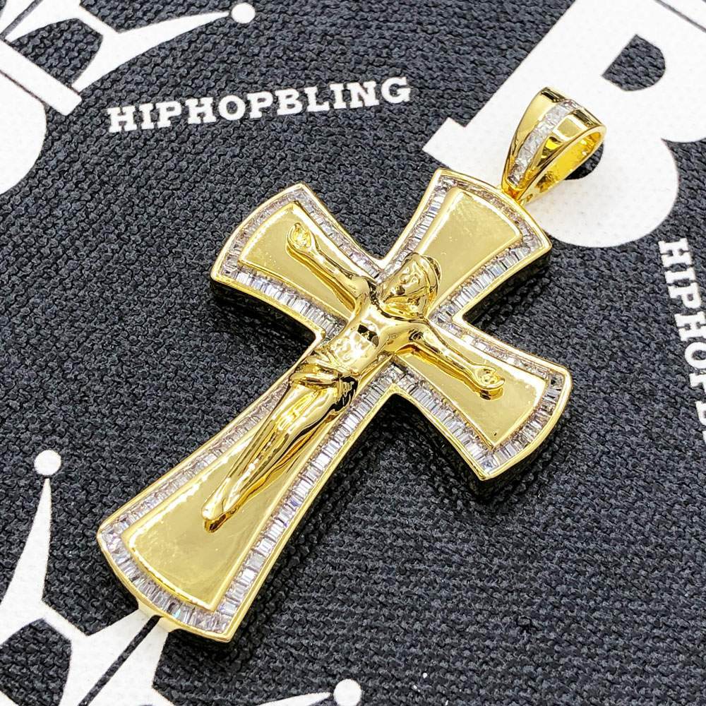 Baguette Jesus Crucifix CZ Hip Hop Bling Bling Pendant Yellow Gold HipHopBling