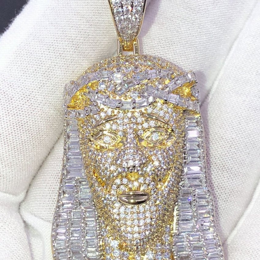 Baguette Jesus Piece Hip Hop CZ Iced Out Pendant Yellow Gold HipHopBling