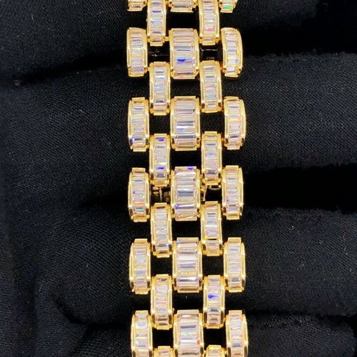 Baguette Jubilee CZ Iced Out Hip Hop Bling Bracelet Yellow Gold 7" HipHopBling
