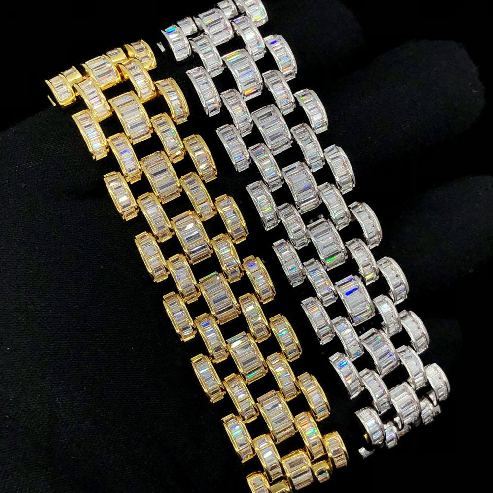 Baguette Jubilee CZ Iced Out Hip Hop Bling Bracelet Yellow Gold 7" HipHopBling