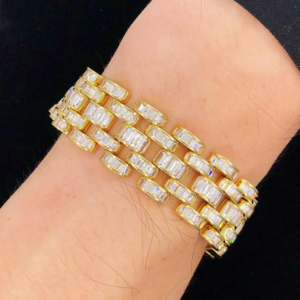 Baguette Jubilee CZ Iced Out Hip Hop Bling Bracelet Yellow Gold 7" HipHopBling