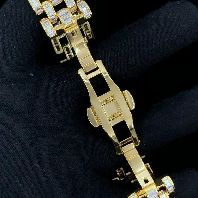 Baguette Jubilee CZ Iced Out Hip Hop Bling Bracelet Yellow Gold 7" HipHopBling