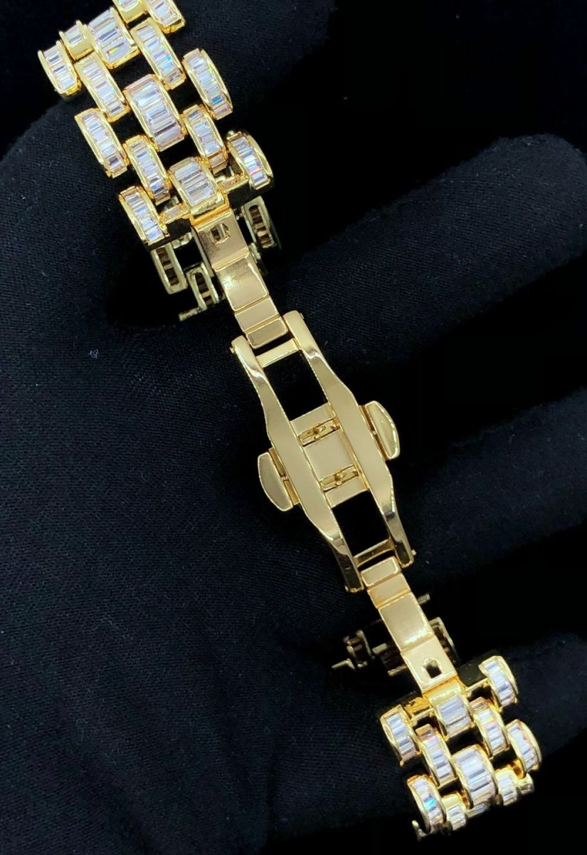 Baguette Jubilee CZ Iced Out Hip Hop Bling Bracelet Yellow Gold 7" HipHopBling