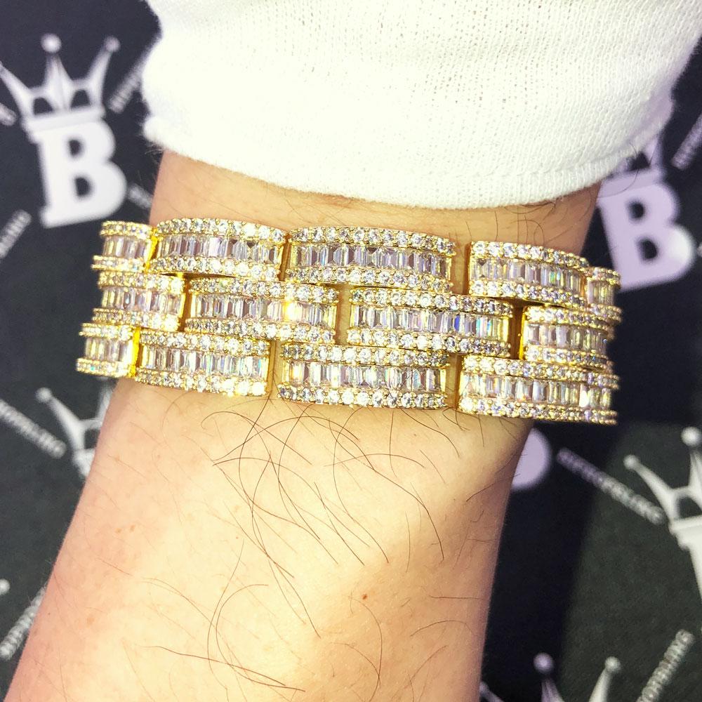 Baguette Jubilee VVS Iced Out Hip Hop Bracelet Yellow Gold 7" HipHopBling