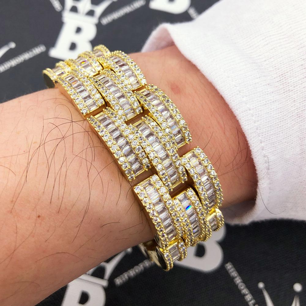 Baguette Jubilee VVS Iced Out Hip Hop Bracelet Yellow Gold 7" HipHopBling