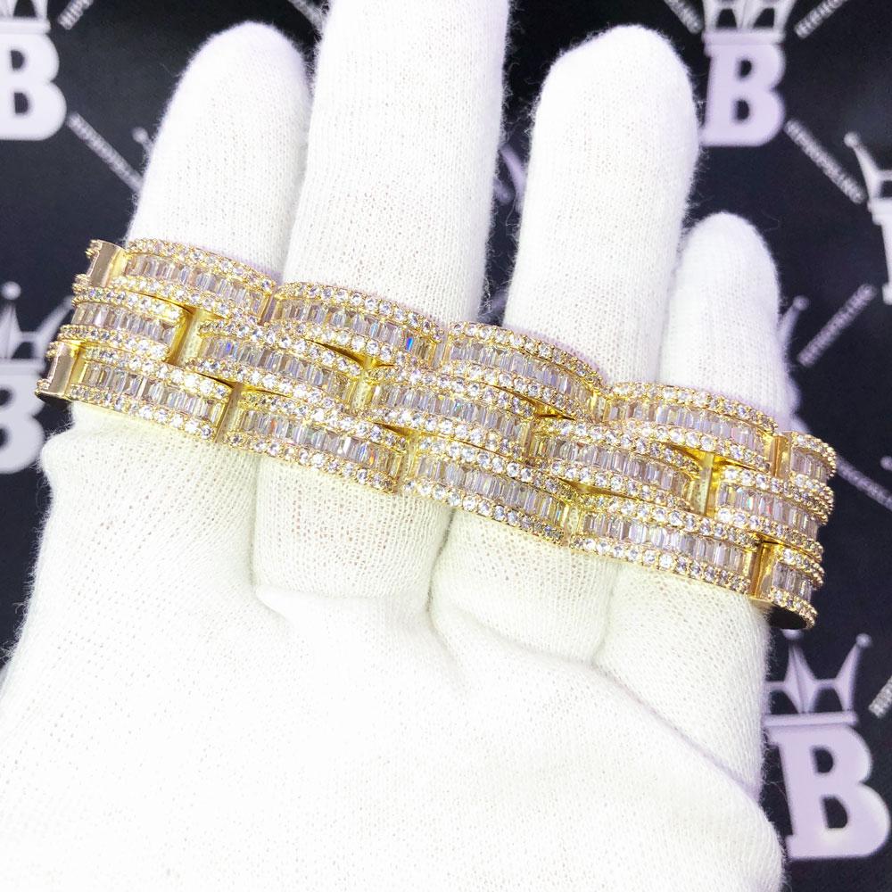 Baguette Jubilee VVS Iced Out Hip Hop Bracelet Yellow Gold 7" HipHopBling