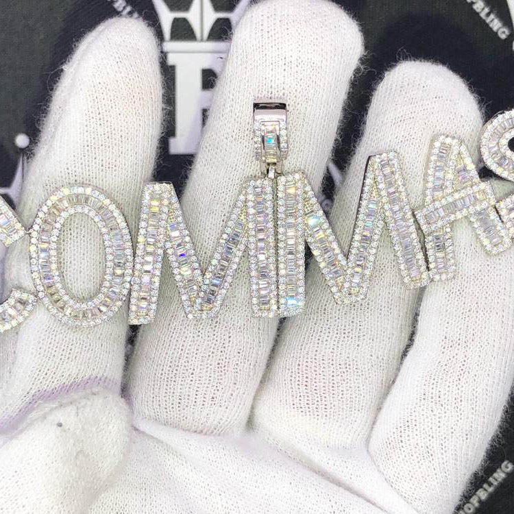 Baguette Letter Custom Personalized Iced Out Name Pendant Brass White Gold 2 HipHopBling