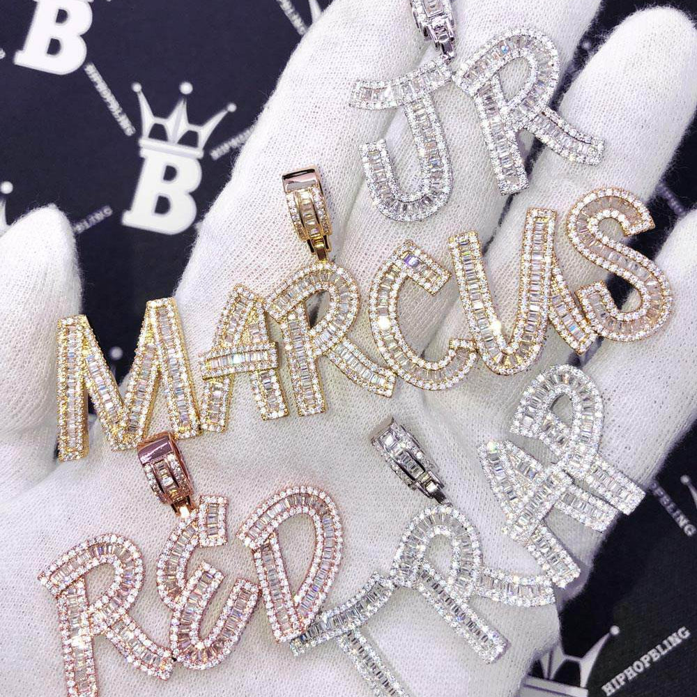 Baguette Letter Custom Personalized Iced Out Name Pendant Brass White Gold 2 HipHopBling