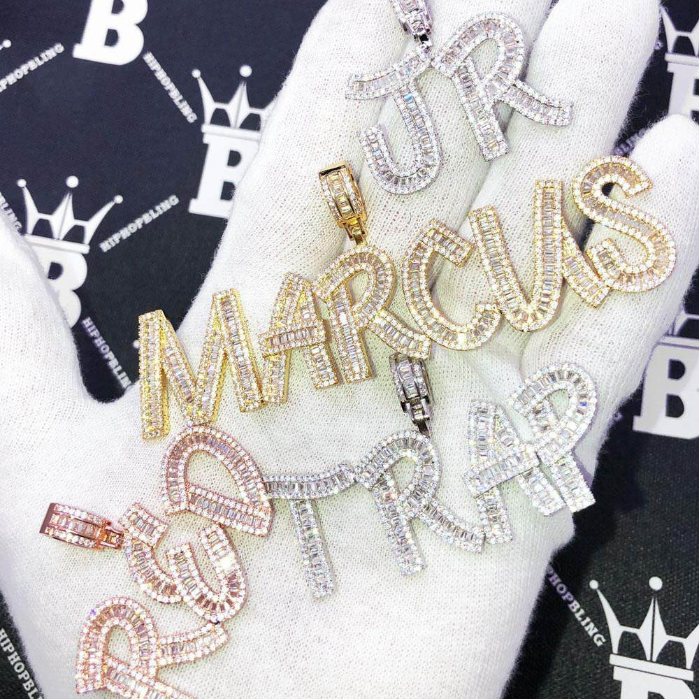Baguette Letter Custom Personalized Iced Out Name Pendant Brass Yellow Gold 2 HipHopBling