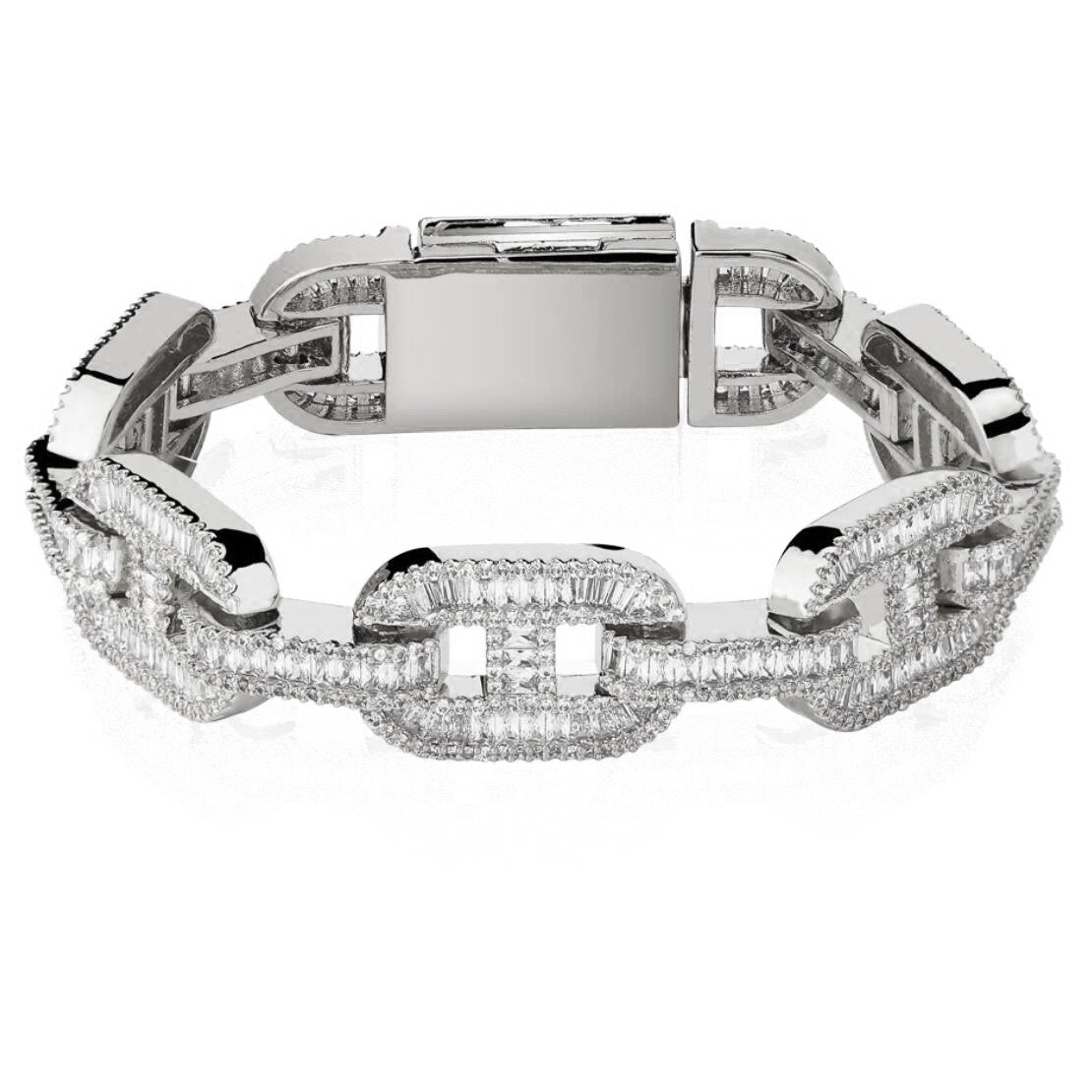 Baguette Mariner Iced Out Hip Hop Bracelet White Gold 8" HipHopBling