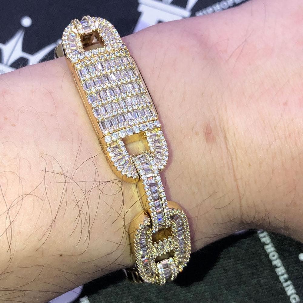Baguette Mariner Iced Out Hip Hop Bracelet Yellow Gold 8" HipHopBling
