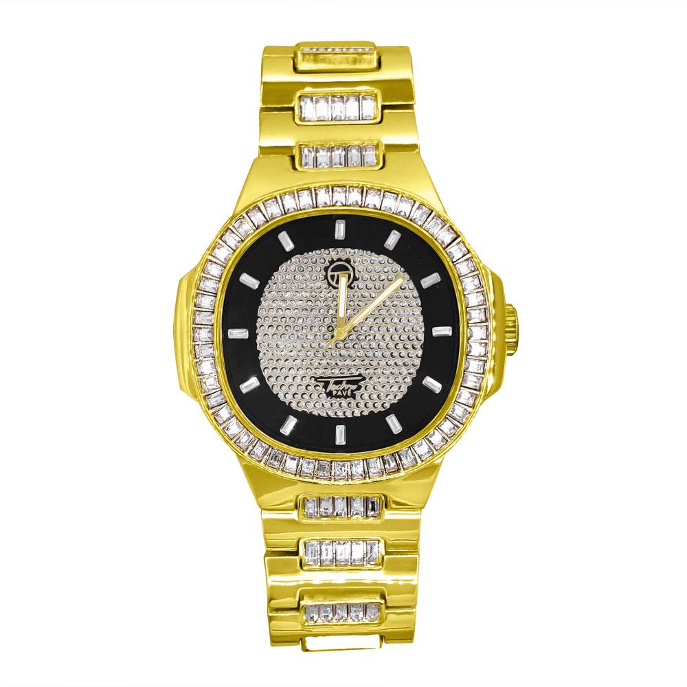 Baguette Modern Iced Out Bling Hip Hop Watch Gold/Black Dial HipHopBling